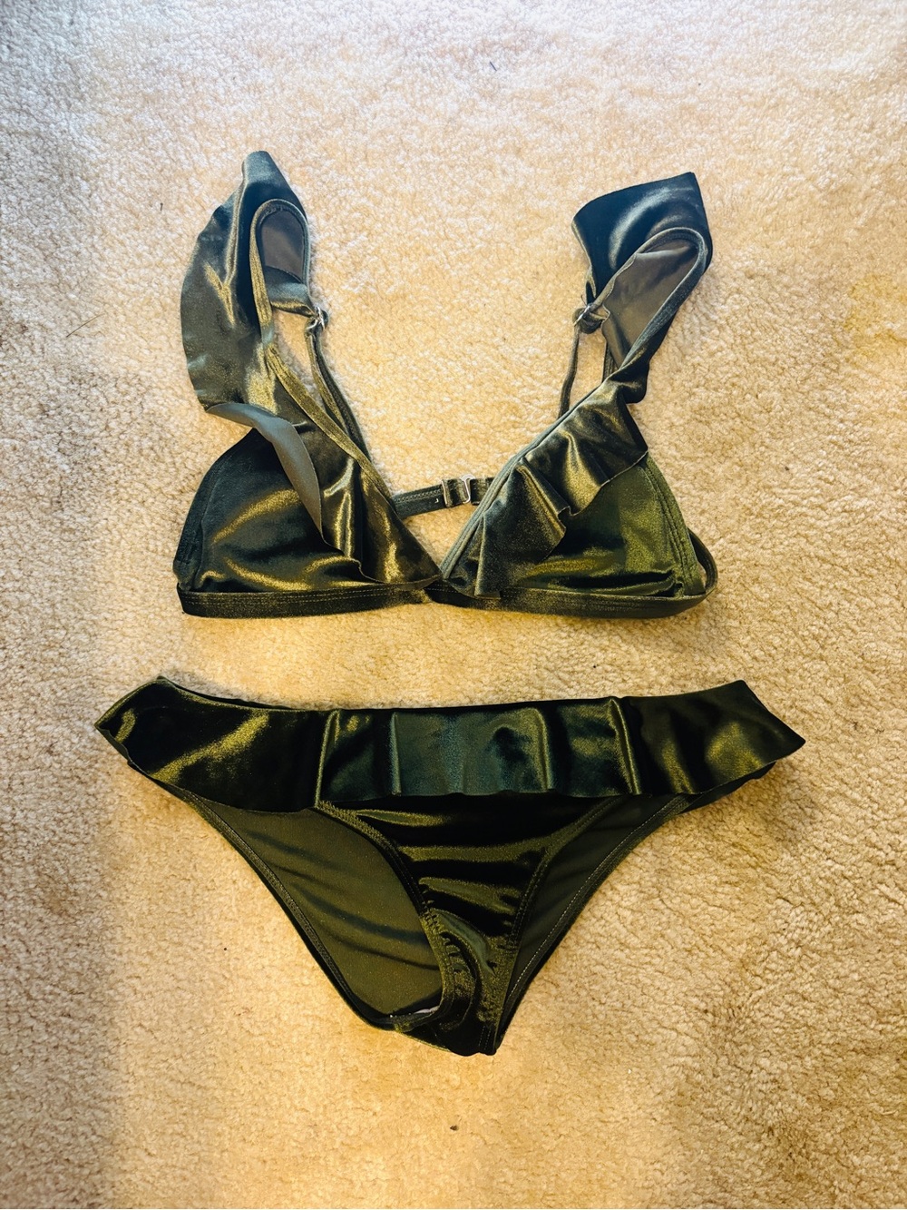 Velvet Ruffle Bikini Set in Deep Green